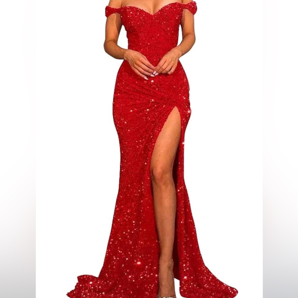 Long Red Sequin Formal Evening Gowns with Slit